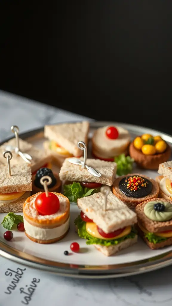 A platter of unique finger foods featuring mini sandwiches and colorful toppings.