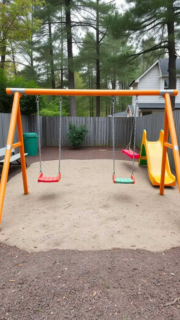 Children's play area with swings and a slide surrounded by trees
