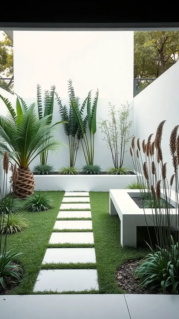 A modern minimalist backyard with a pathway, white seating area, and lush greenery.