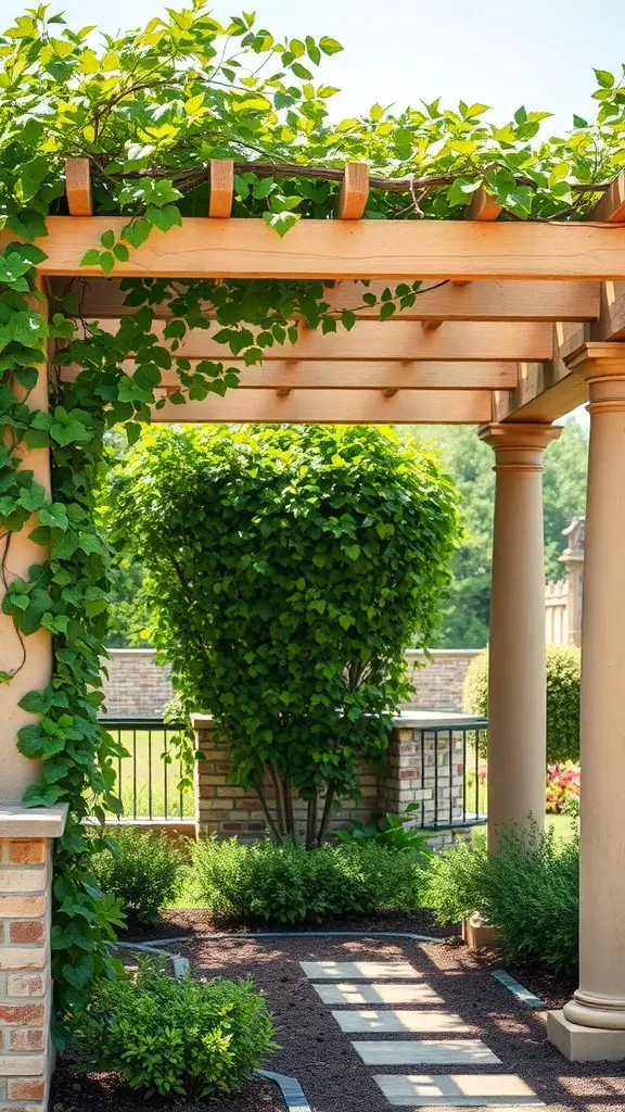 A wooden pergola covered with green vines, surrounded by lush plants and a stone pathway.