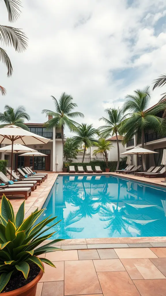 A beautiful poolside area with palm trees, lounge chairs, and umbrellas.