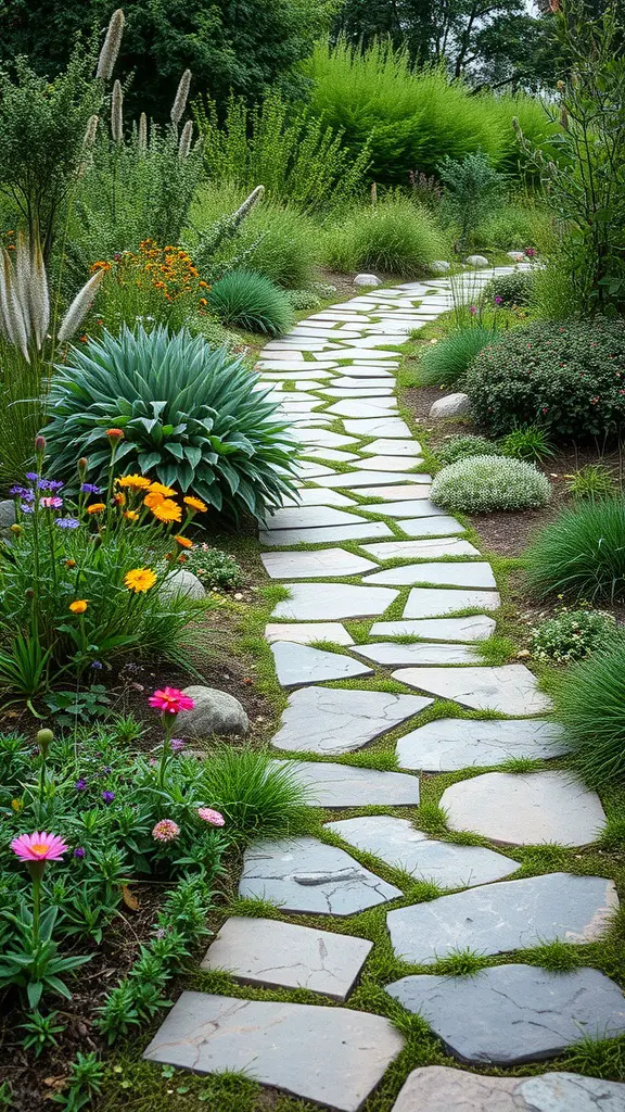 A rustic stone pathway winding through a lush garden filled with colorful flowers and greenery.