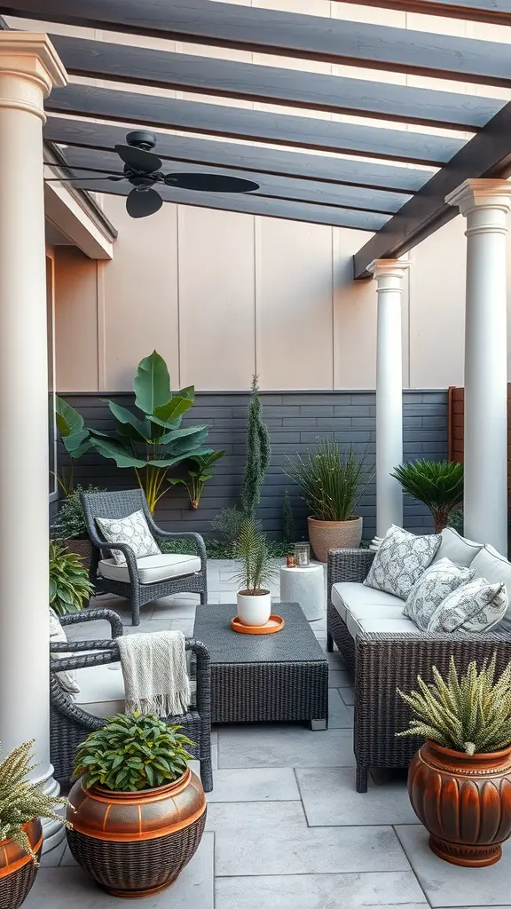 Stylish outdoor patio with comfortable seating, planters, and a ceiling fan.