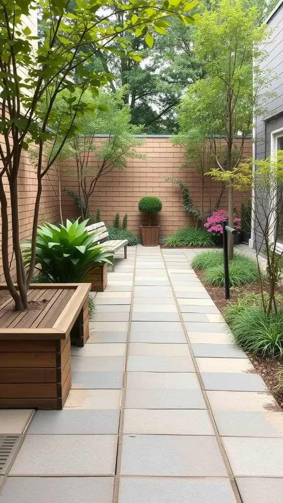 A small garden with a paved pathway, benches, and various plants, designed for accessibility.