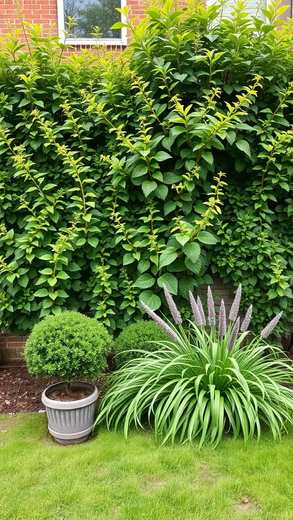 A small garden with lush green shrubs, rounded topiary plants, and vibrant flowers, creating a private and cozy atmosphere.