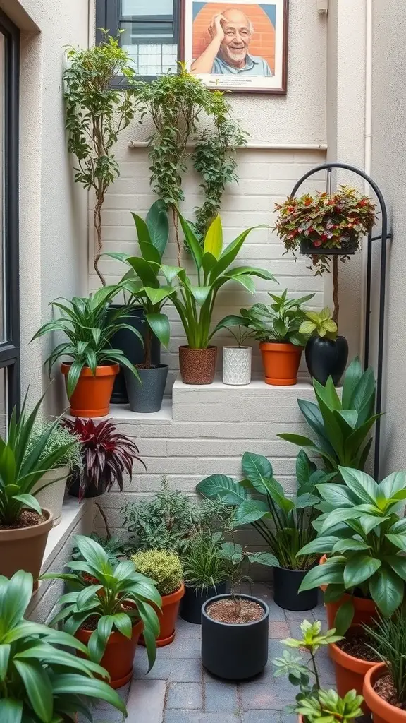 A small, plant-filled corner with various pots and a framed photo on the wall.