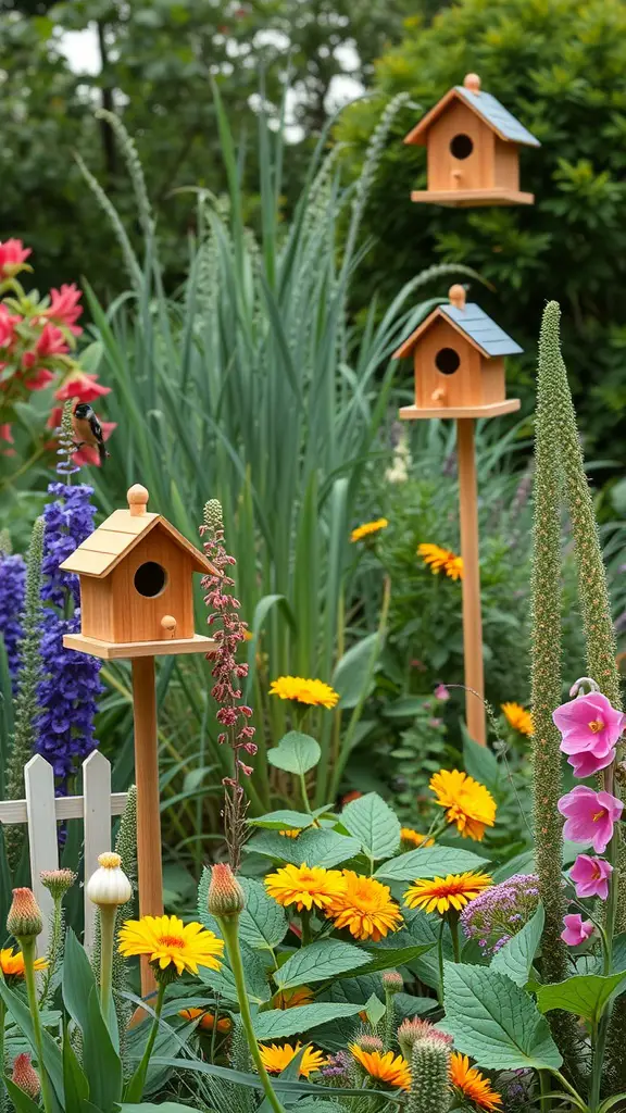 A colorful garden with birdhouses and various flowers, showcasing a wildlife-friendly landscape.