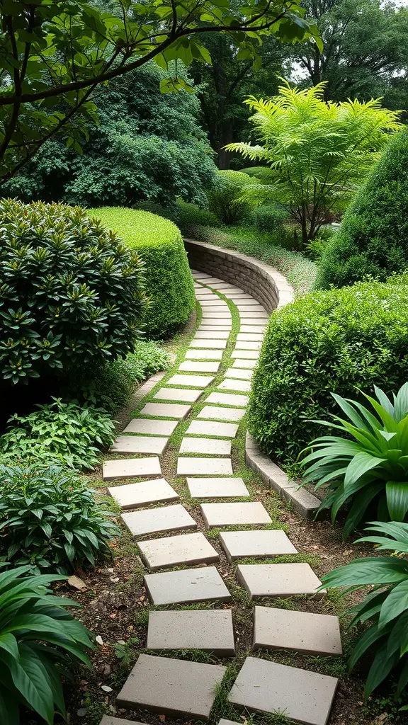 A winding stone pathway surrounded by lush greenery in a small garden.