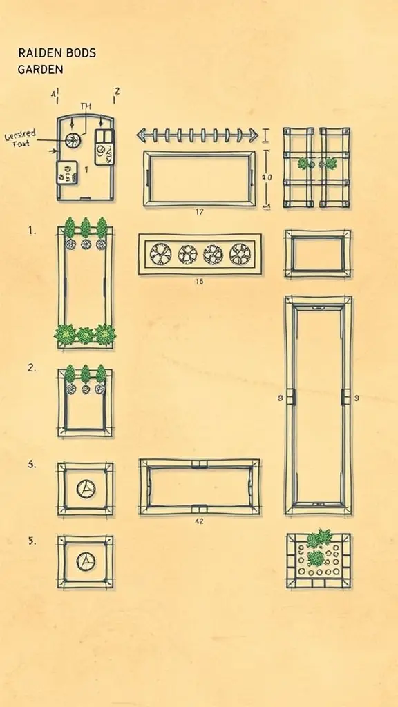 Designs for raised garden beds including various shapes and dimensions.