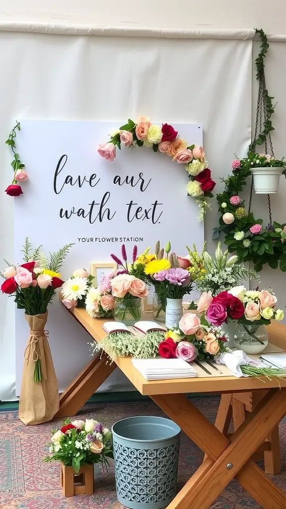 A DIY flower crown station with a variety of colorful flowers and crafting supplies.