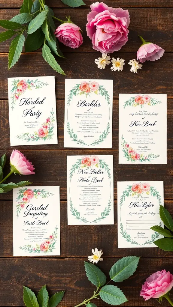 A collection of DIY garden party invitations with floral designs, surrounded by pink roses and green leaves on a wooden table.