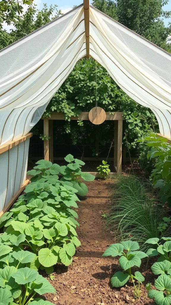 A DIY garden structure with a fabric cover, surrounded by green plants and a clear path.
