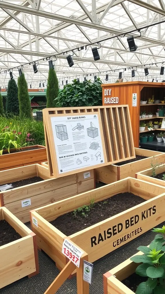 A display of DIY raised bed kits in a greenhouse, featuring wooden frames and planting soil.