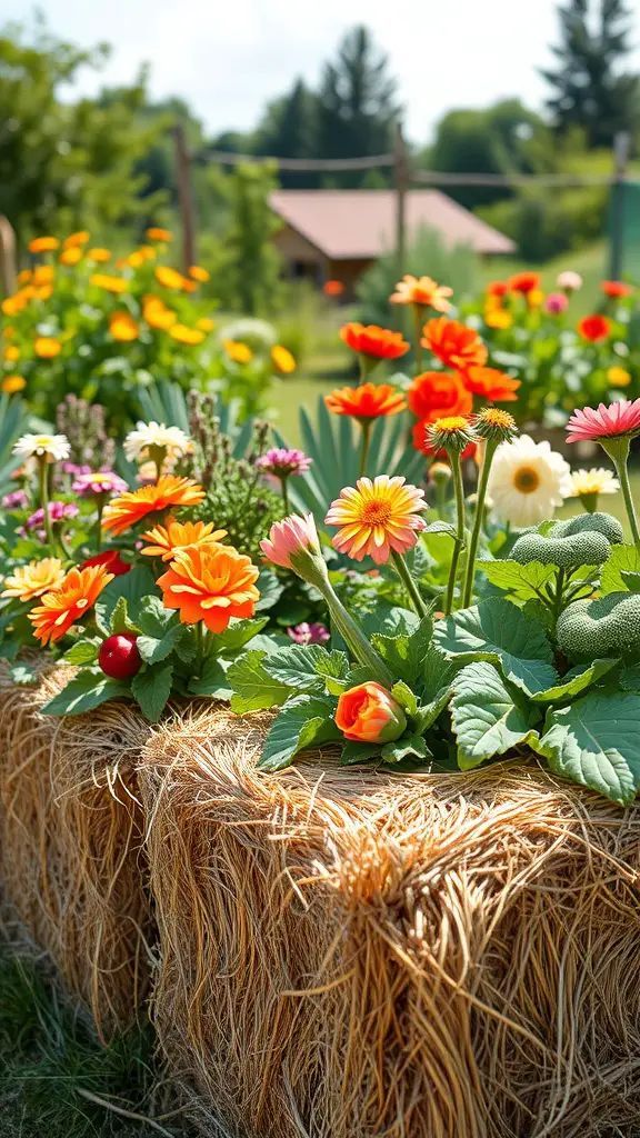 Colorful flowers blooming in a straw bale garden bed