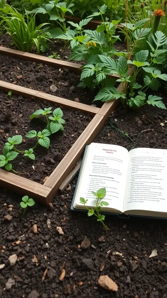 A raised garden bed with young plants and an open notebook beside it.