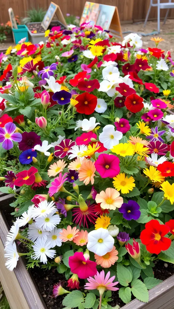 A colorful raised bed filled with various edible flowers like pansies and nasturtiums.