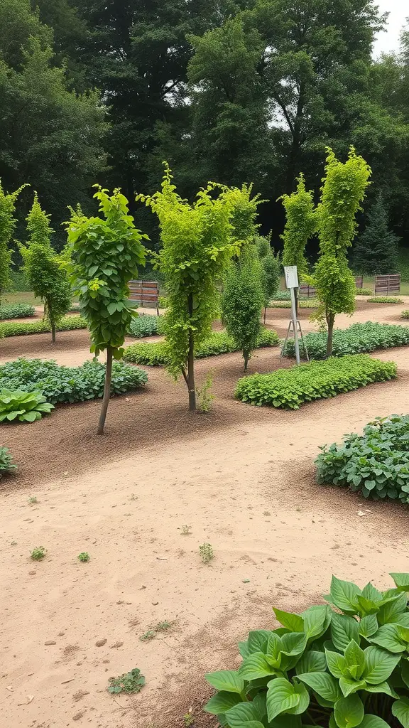 A landscaped garden featuring unique trees and lush greenery, ideal for edible landscaping.