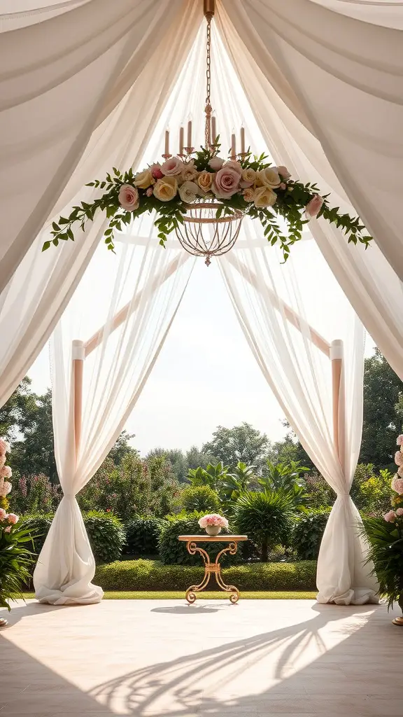 A beautifully decorated canopy with flowers, set in a garden, creating an inviting atmosphere for a party.
