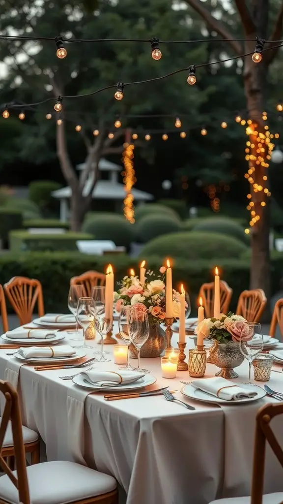 An elegantly set outdoor table for a garden party, featuring candles, flowers, and string lights.