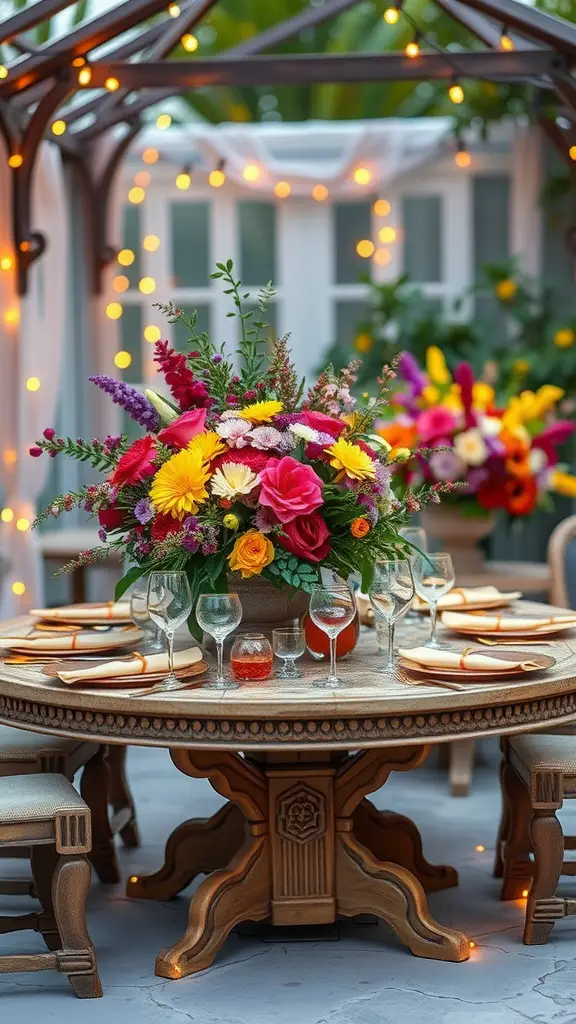 A beautifully arranged floral centerpiece on a garden party table, surrounded by elegant glassware and warm lights.