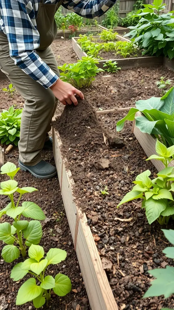 A person working in a raised garden bed, preparing soil for planting.