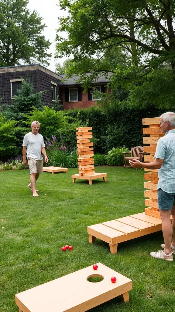 Two men playing outdoor games in a garden setting with wooden blocks and cornhole boards.