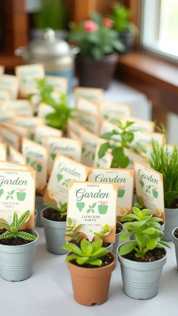 Small potted plants with garden-themed tags arranged on a table.