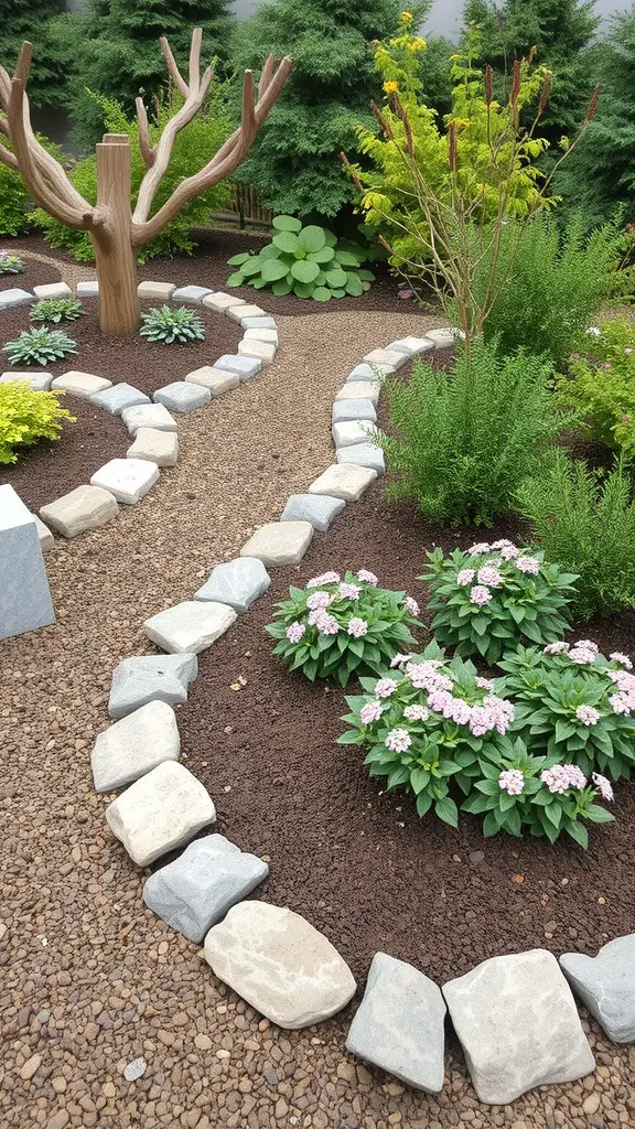 A garden bed with stone borders, featuring flowers and a central tree.