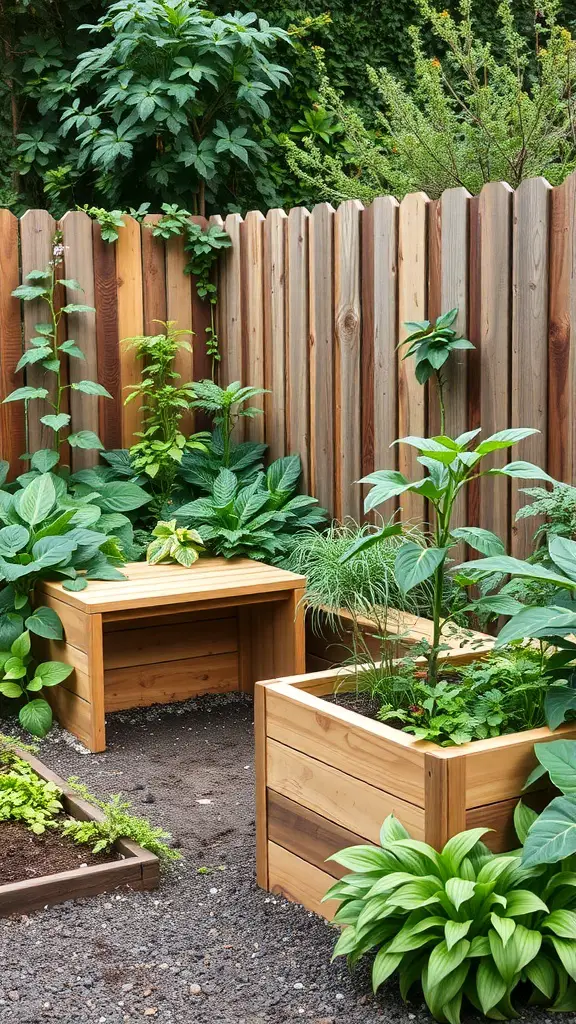 A garden with raised wooden beds and built-in seating surrounded by lush greenery.