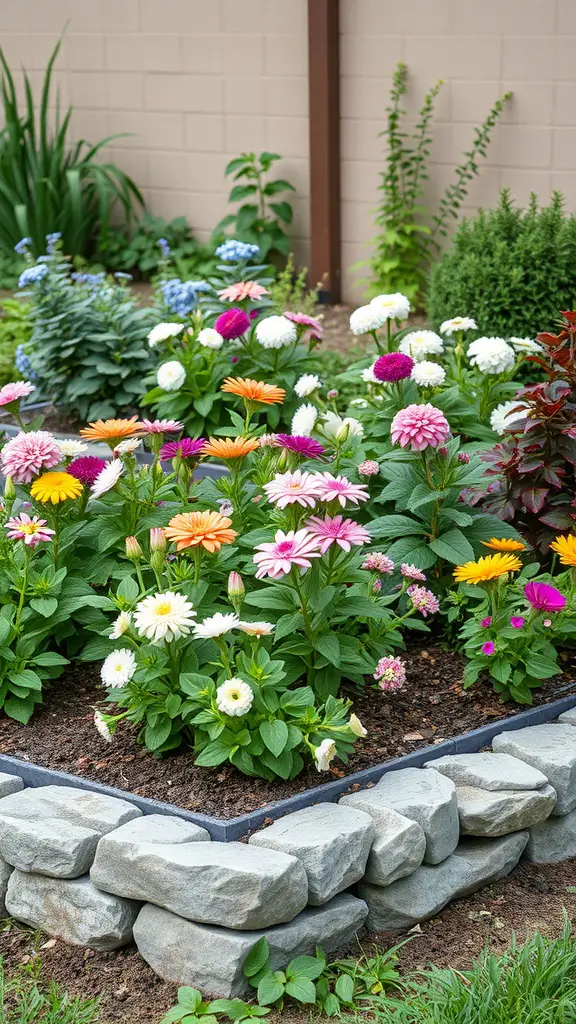 A colorful flower garden bed bordered by decorative stone edging.
