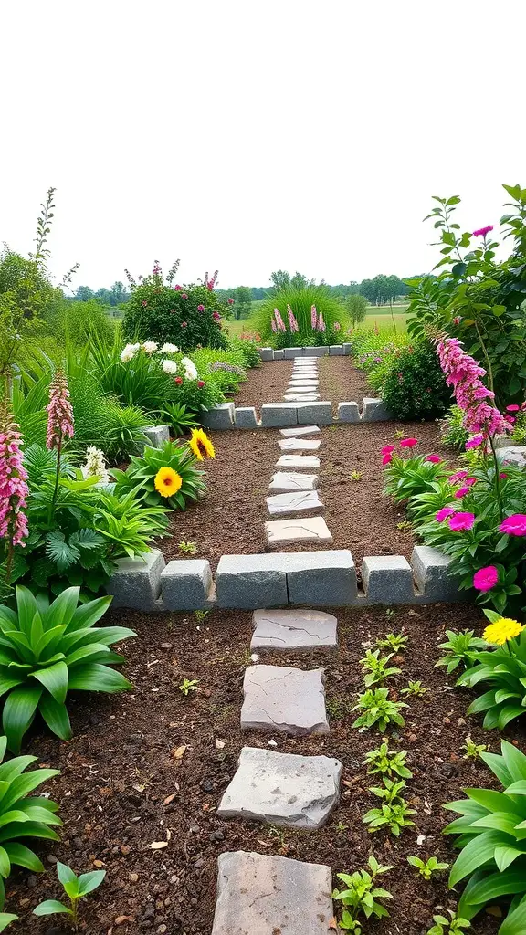 A garden bed featuring a stone pathway surrounded by colorful flowers and greenery.