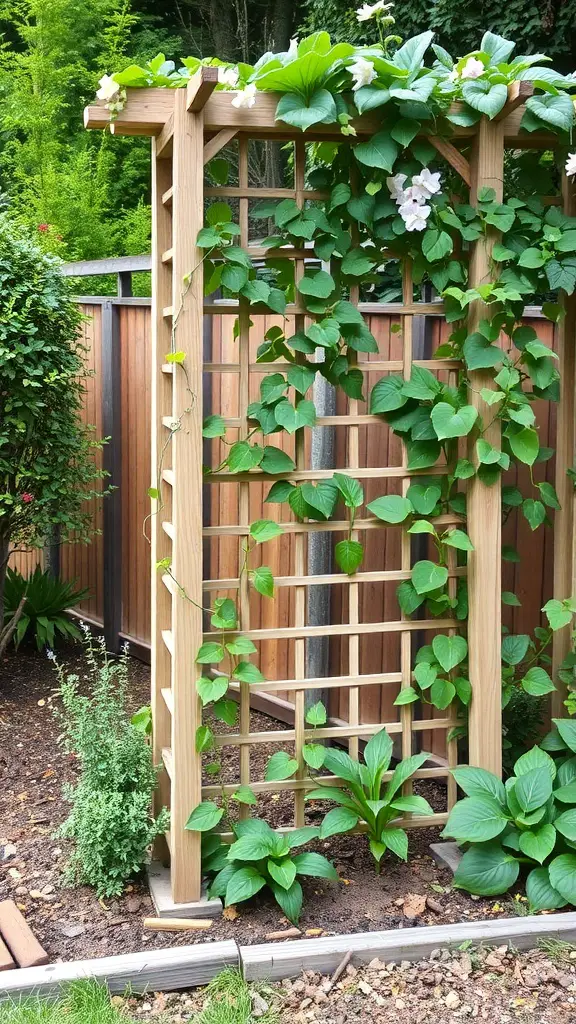 A wooden trellis covered with green vines and flowers in a garden setting.