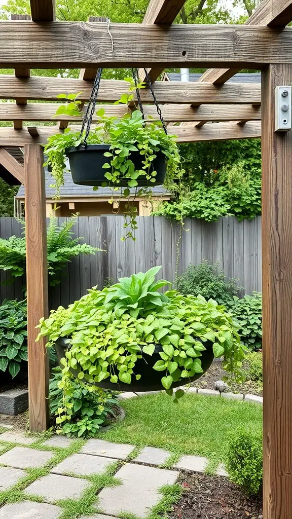 Hanging garden beds with lush green plants in a pergola setting