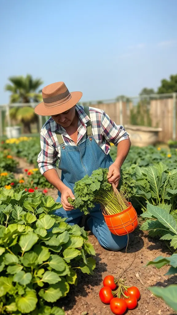 A gardener in overalls harvesting vegetables in a sunny garden.