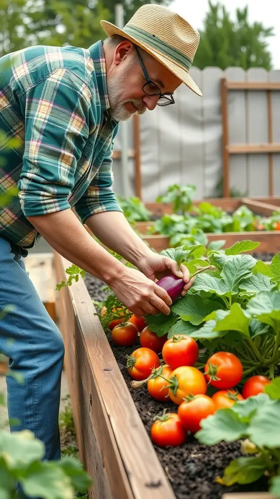 A gardener harvesting ripe tomatoes and an eggplant from a raised garden bed.