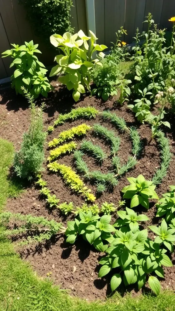 A spiral-shaped herb garden featuring various herbs arranged in a visually appealing manner.