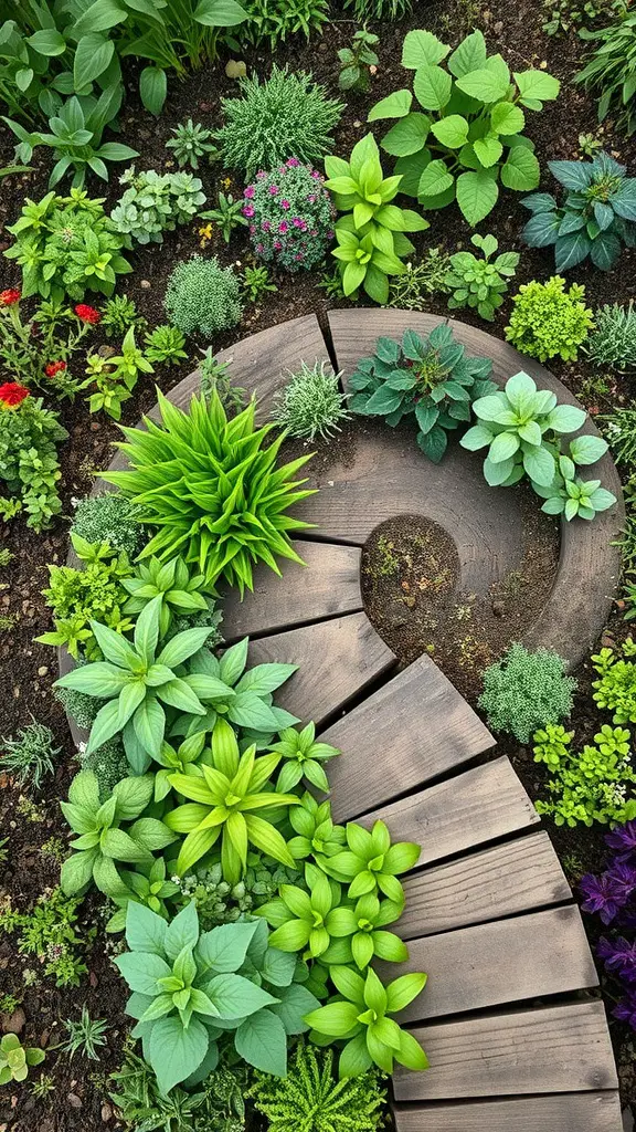 A vibrant herb spiral garden with various herbs and flowers arranged in a spiral shape.