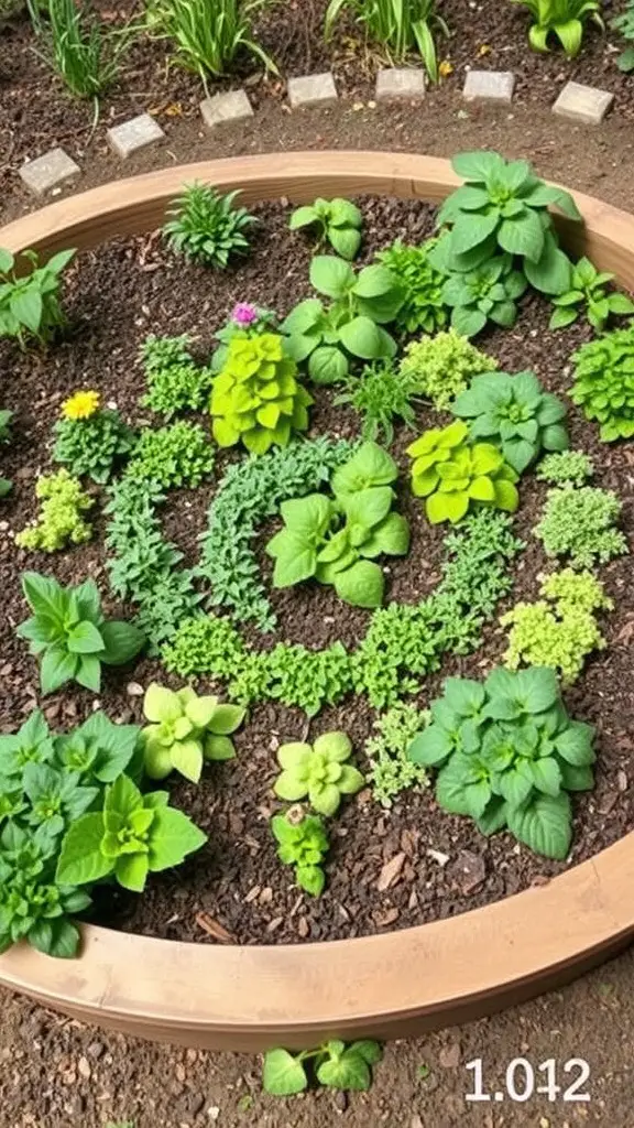 A circular herb spiral raised bed filled with various green herbs.