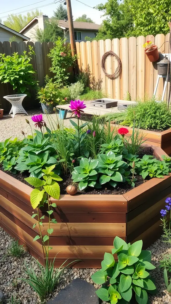 A hexagonal raised garden bed filled with flowers and greenery in a backyard setting.