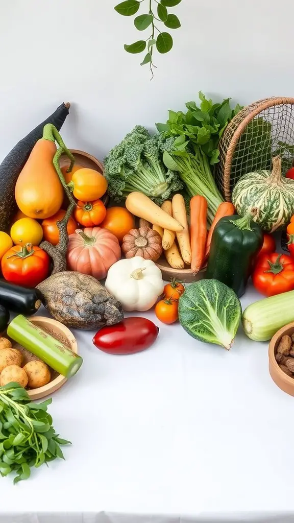 A variety of fresh vegetables including pumpkins, broccoli, and bell peppers arranged on a table.