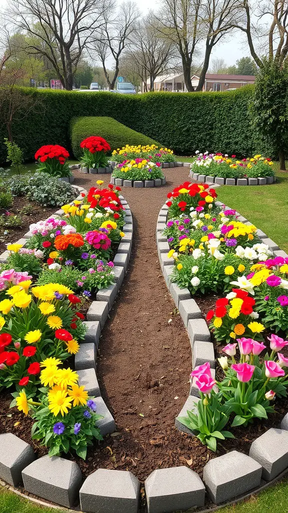 Colorful flowers arranged in a horseshoe-shaped raised garden bed with stone borders.