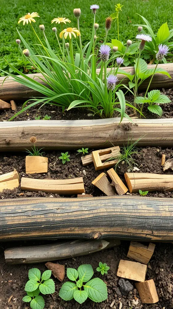 A hugelkultur garden bed with colorful flowers and young plants, showcasing logs and branches as the base.