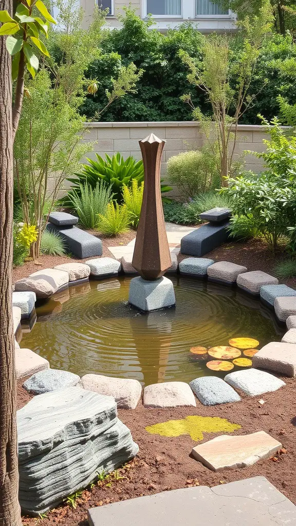 A small garden pond with a fountain, surrounded by stones and plants.
