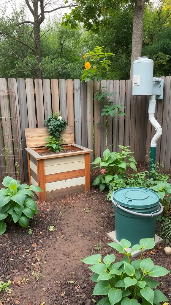 A small garden layout featuring a raised planter box, compost bin, and various plants.