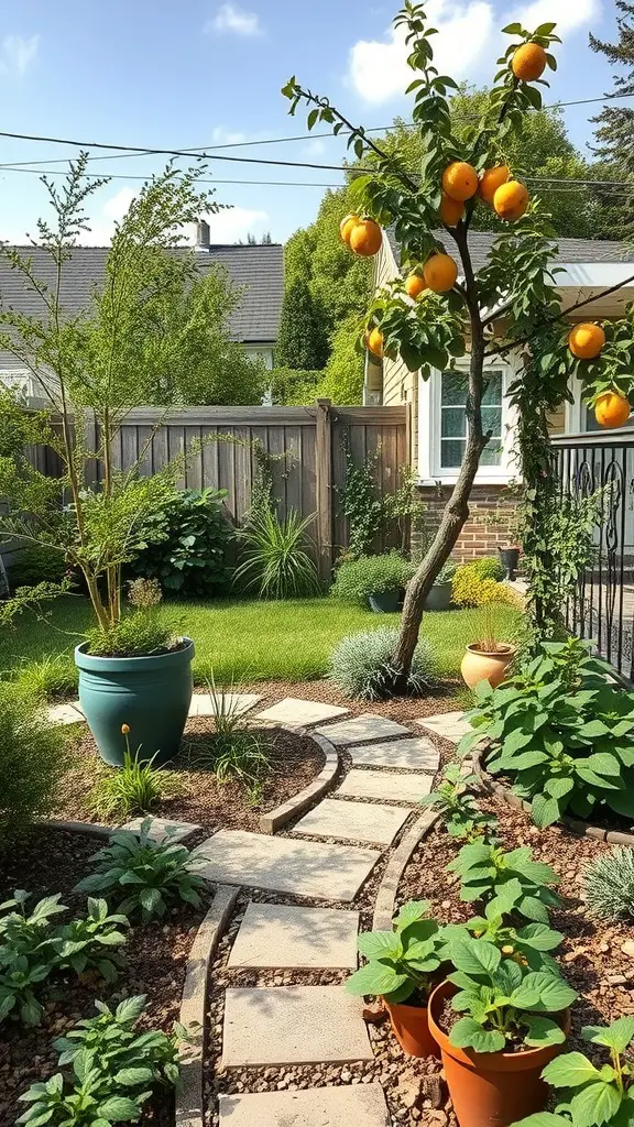 A backyard with a stone pathway, a fruit tree bearing oranges, and potted plants, showcasing edible landscaping.
