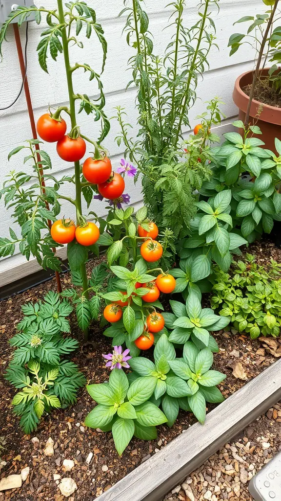 A small garden bed featuring ripe tomatoes, green herbs, and colorful flowers.