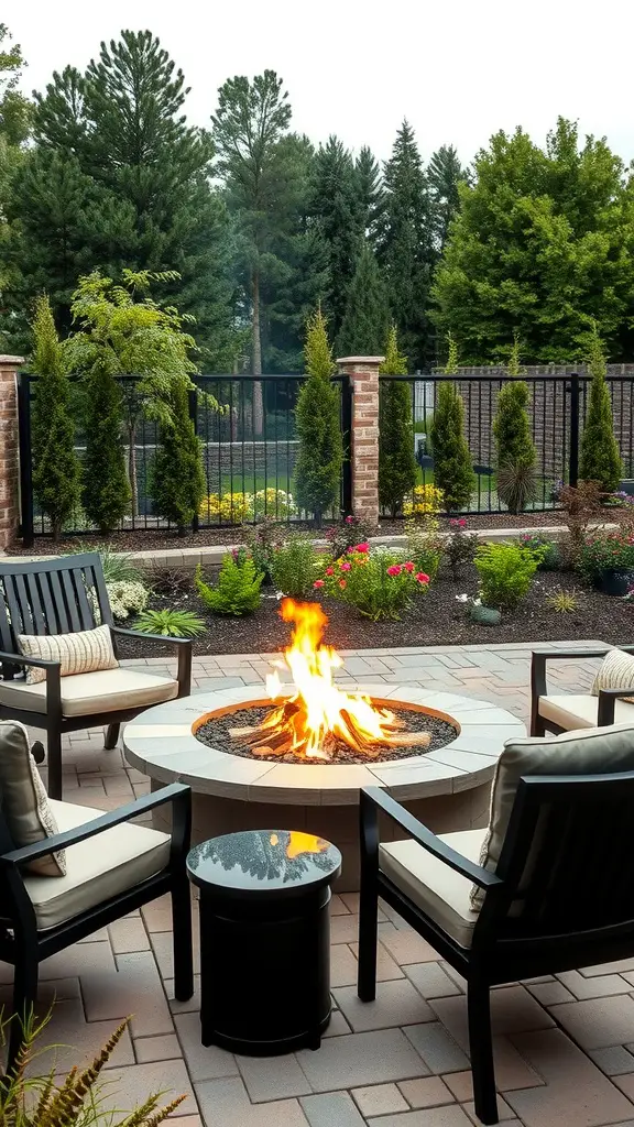 A cozy outdoor seating area with a fire pit surrounded by lush greenery.