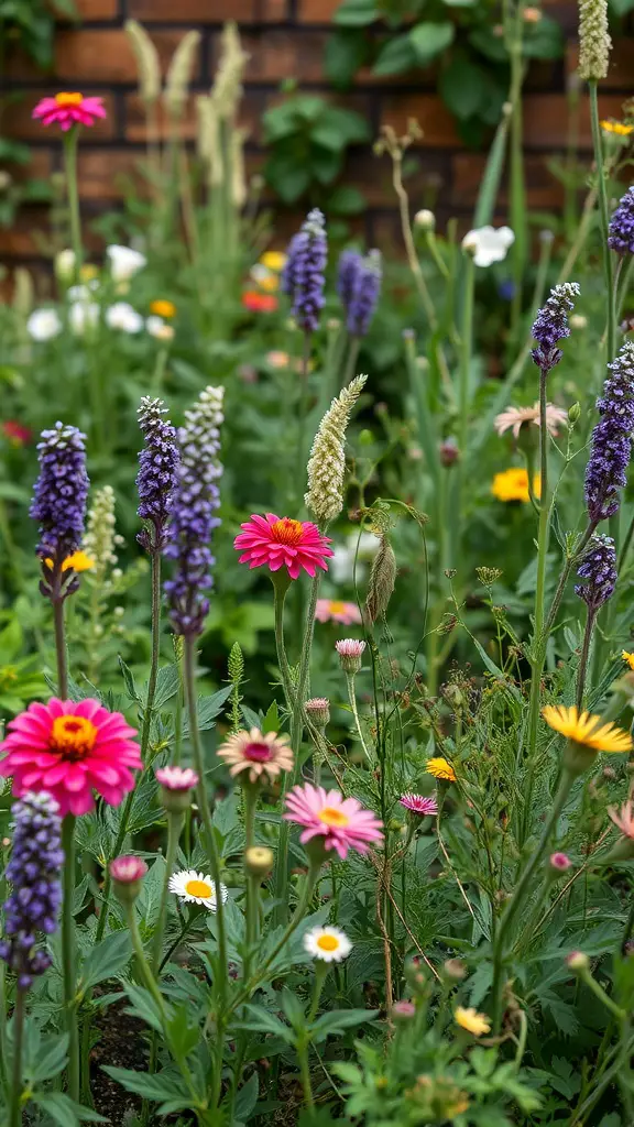 A colorful small garden filled with various flowers, including zinnias and lavender.
