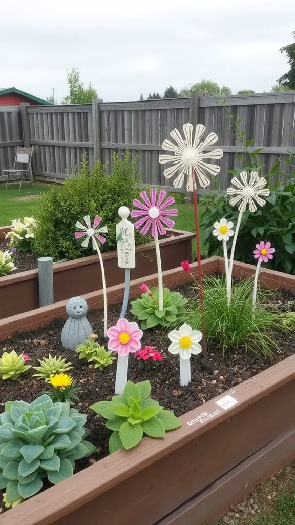 Colorful flower decorations in a raised garden bed with various plants.