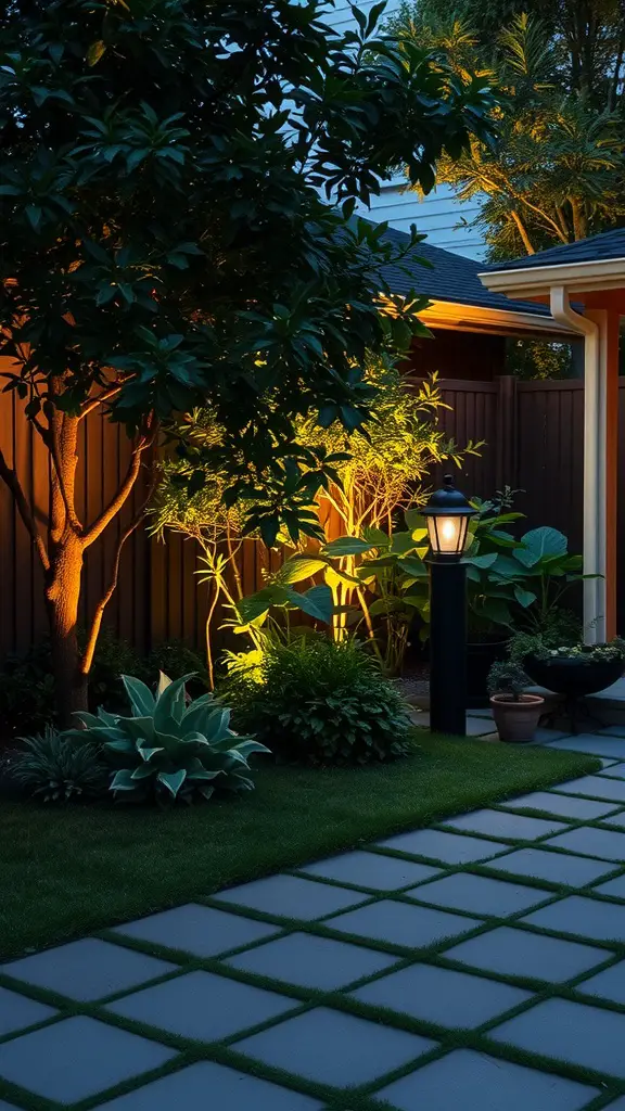 A small garden at night with soft lighting illuminating plants and a pathway.